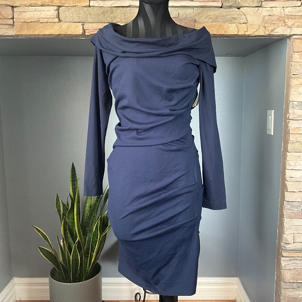 NWT Artelier Nicole Miller Ruched Bodycon Dress Office Siren Fall Winter Blue L